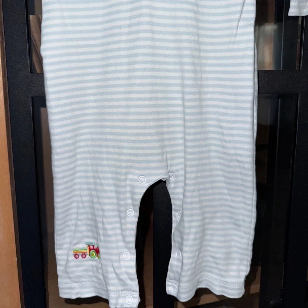 Kissy Kissy embroidered trains coverall henley pima striped collar polo pique